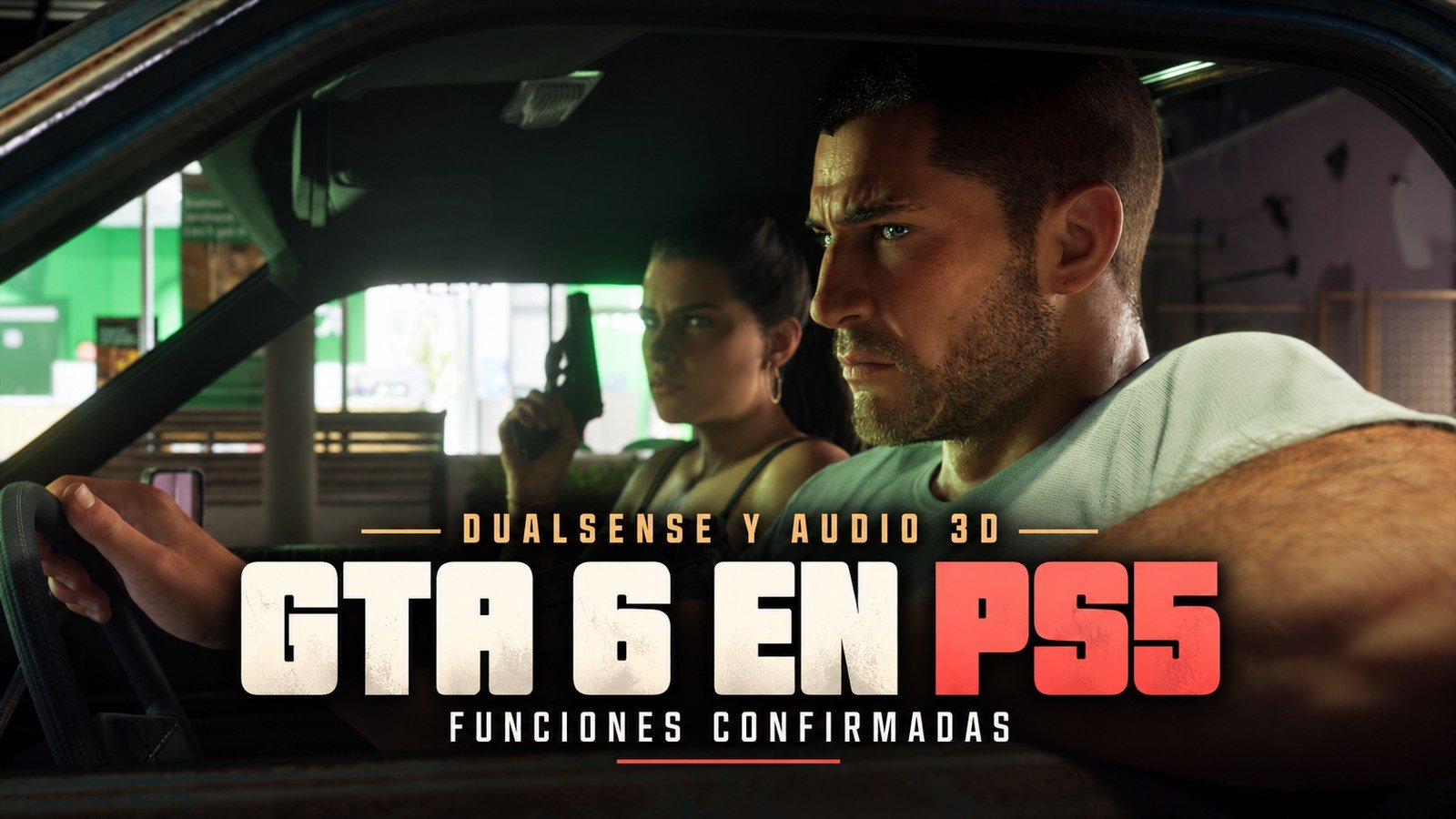 Jason y Lucía en un auto, con el titular GTA 6 en PS5: funciones confirmadas.