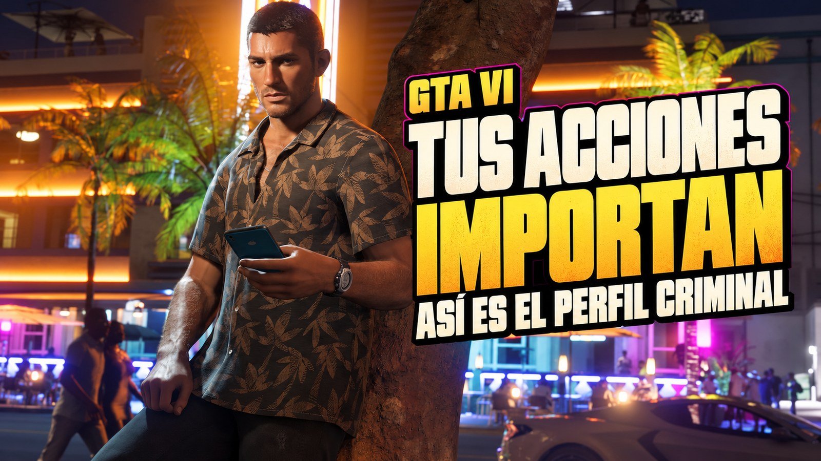 Jason junto a un teléfono y un patrullero al fondo; portada ilustrativa del perfil criminal en GTA VI.