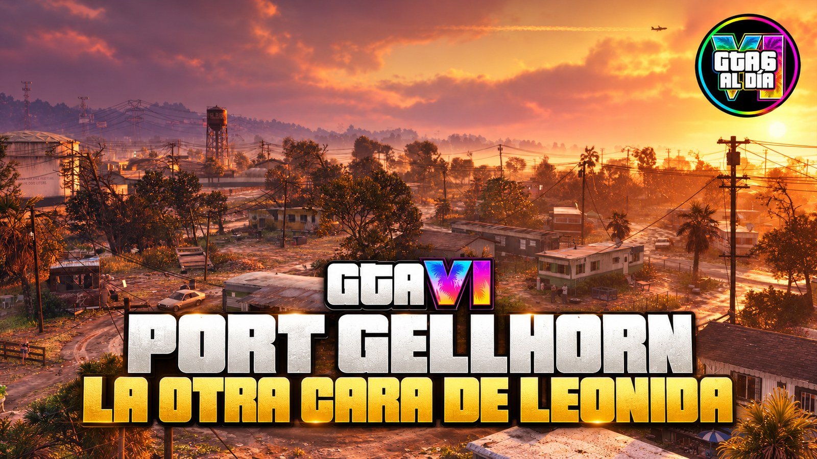Panorámica de Port Gellhorn al atardecer en GTA VI, con el título La otra cara de Leonida y el logo de GTA6ALDIA.